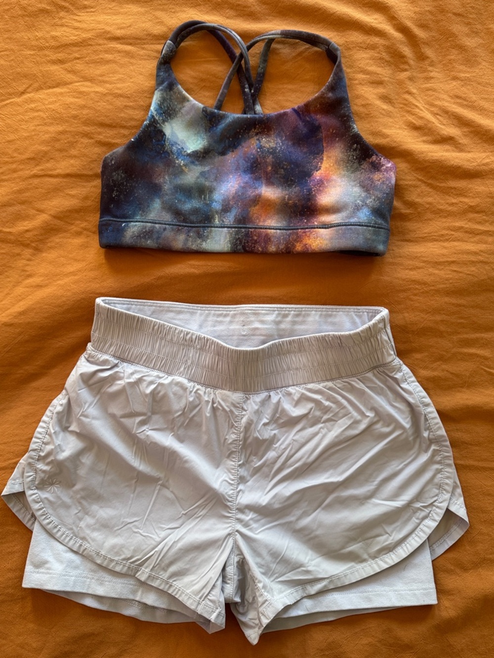 Athleta girl Galaxy Print Cross-Back Sports Bra & light blue Shorts Set
